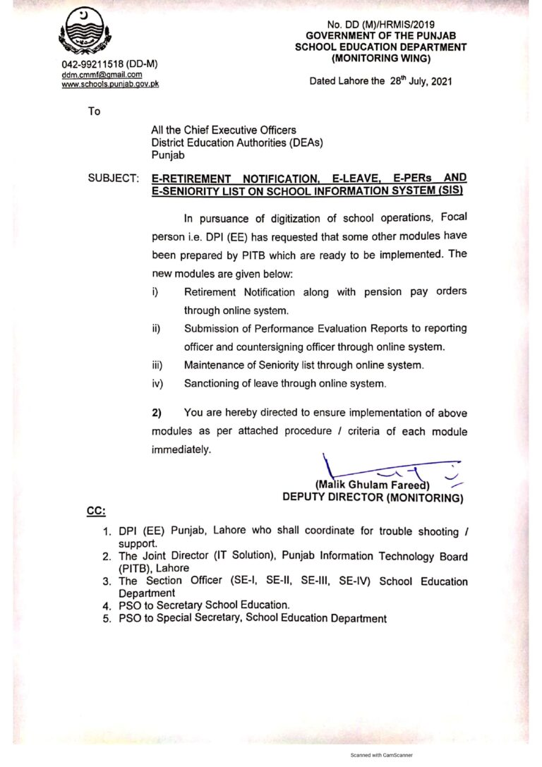 E-Retirement, E-Leave. E-PERs and E-Seniority List on SIS